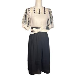 Vintage 80s Midi Dress Clement Laird for Cache Embroidered Pleated Sz Medium 7/8